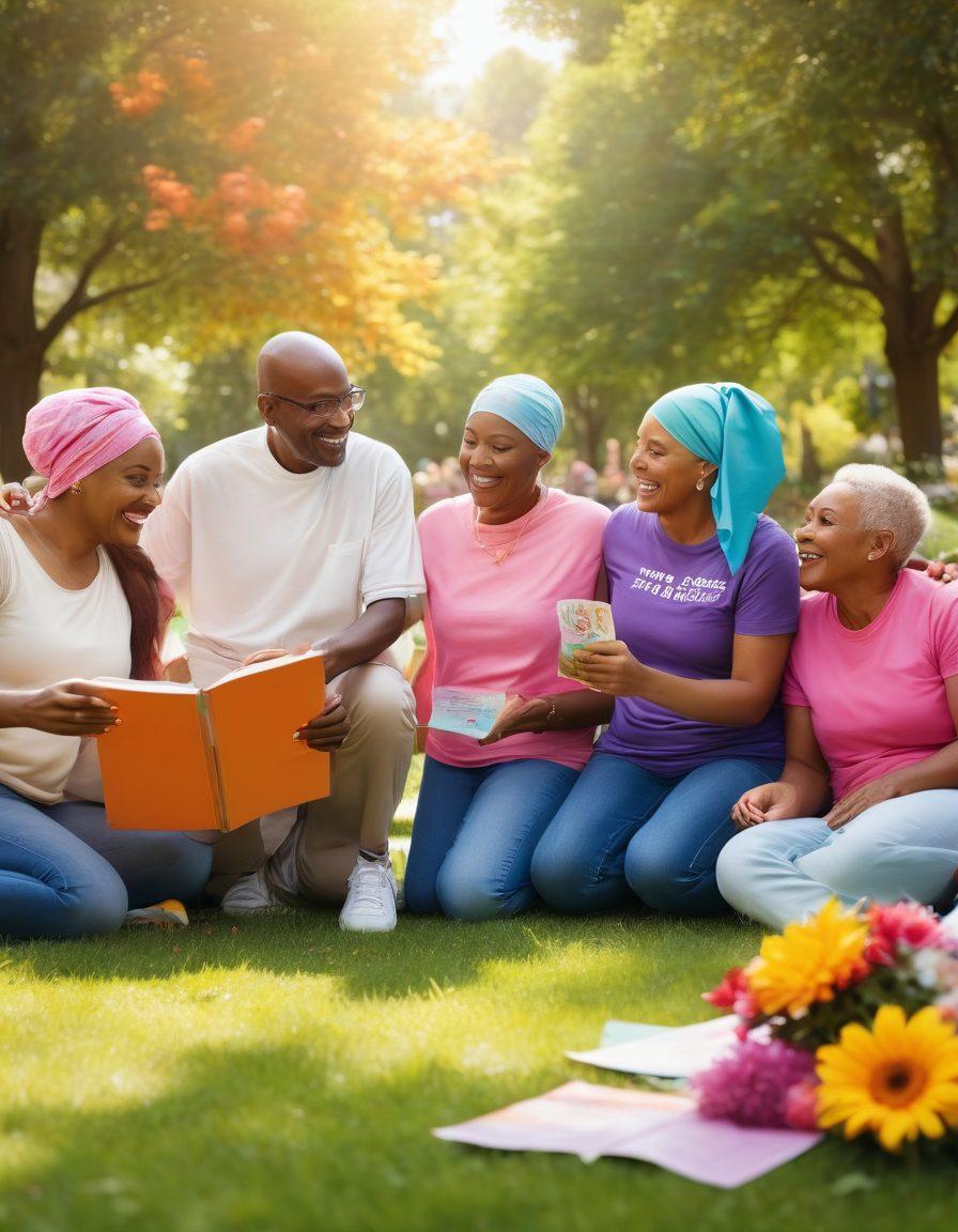 A vibrant and uplifting scene showing a group of diverse cancer survivors joyfully connecting in a sunny park, surrounded by essential resources like informational brochures and advocacy material. Include an inspiring atmosphere with bright colors, healing elements like flowers and positive symbols. Emphasize unity, strength, and hope in their expressions and interactions. super-realistic. vibrant colors. sunny background.